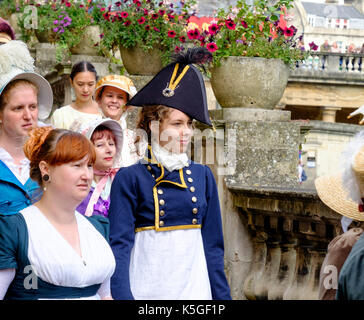 Ninth September 2017. Jane Austen enthusiasts in Regency Period costume gather for the Jane Austen Parade in Bath, England. The city of Bath is known for its Georgian and Regency architecture and was the home for Jane Austen in the early 1800's. Bath hosts a annual Jane Austen festival, which attracts international visitors. The pocession moves from the Royal Crescent, through the city and concludes in Parade Gardens. ©Mr Standfast/Alamy Live News Stock Photo