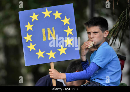 London, UK.  9 September 2017.  A young Anti-Brexit protester takes part in a People's March for Europe rally in Parliament Square campaigning for the UK's continued membership of the European Union.  Credit: Stephen Chung / Alamy Live News Stock Photo