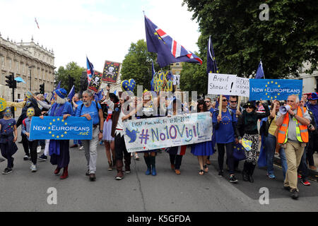 London, UK. 9th Sept, 2017. Pro-EU demonstrators march down Whitehall, central London, during the People's March for Europe, on 9 September 2017 Credit: Dominic Dudley/Alamy Live News Stock Photo