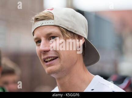 Nuremberg, Germany. 2nd Sep, 2017. The Swedish professional mountain biker Martin Söderström talks to journalists at the Red Bill District Ride event in Nuremberg, Germany, 2 September 2017. Martin Söderström designed a track in the centre of the city upon which bikers can demonstrate their skills. The event was previously held in 2005, 2006, 2011 and 2014. Photo: Silas Stein/dpa/Alamy Live News Stock Photo
