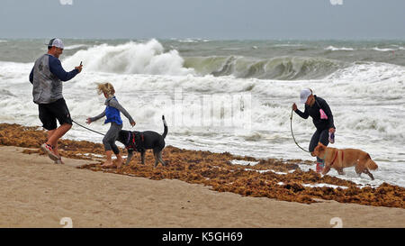 Ft. Lauderdale, FL, USA. 9th Sep, 2017. Cameron Scott takes pictures of his wife, Amanda Scott, right, their daughter, Addison Scott, 6, and their dogs, Luna.and Foxy Brown as a wave splashes them on Fort Lauderdale Beach as Hurricane Irma pushes into South Florida on Saturday, Sept. 9, 2017. Ã¢â‚¬Å“We had to get out, Ã¢â‚¬Å“ said Cameron, of Plantation. Ã¢â‚¬Å“We were going stir-crazy.Ã¢â‚¬Â Amy Beth Bennett, Sun Sentinel Credit: Sun-Sentinel/ZUMA Wire/Alamy Live News Stock Photo