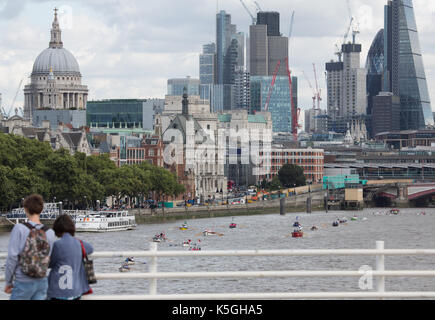 London, United Kingdom. 9th September, 2017. Hundreds of boats have taken part in the Great River Race between the Isle of Dogs and Richmond upon Thames. It is the 30th time that London's river marathon has taken place. Rob Powell/Alamy Live News Stock Photo