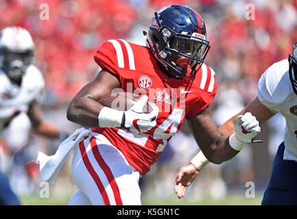 Oxford, MS, USA. 9th Sep, 2017. Mississippi running back Eric Swinney runs upfield during the fourth quarter of a NCAA college football game against Tennessee-Martin at Vaught-Hemmingway Stadium in Oxford, MS. Mississippi won 45-23. Austin McAfee/CSM/Alamy Live News Stock Photo