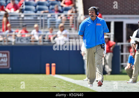 Oxford, MS, USA. 9th Sep, 2017. Mississippi coach Matt Luke walks down the sidelines during the second quarter of a NCAA college football game against Tennessee-Martin at Vaught-Hemmingway Stadium in Oxford, MS. Mississippi won 45-23. Austin McAfee/CSM/Alamy Live News Stock Photo