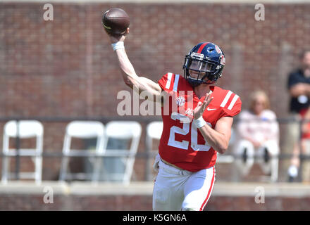Oxford, MS, USA. 9th Sep, 2017. Mississippi quarterback Shea Patterson makes a pass during the fourth quarter of a NCAA college football game against Tennessee-Martin at Vaught-Hemmingway Stadium in Oxford, MS. Mississippi won 45-23. Austin McAfee/CSM/Alamy Live News Stock Photo