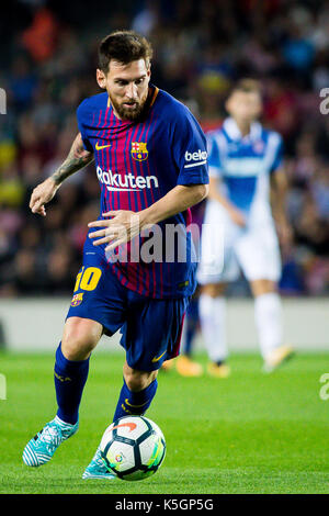 Barcelona, Spain. 9th September, 2017. Leo Messi from Argentina of FC Barcelona controls the ball during the Santander League match played in Nou Camp Spadium between FC Barcelona and RCD Espanyol. Sept 09th 2017. Credit: AFP7/Alamy Live News Stock Photo