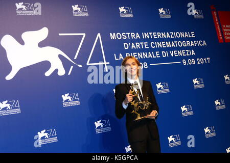 Venice, Italy. 9th September, 2017. Charlie Plummer poses with the 'Marcello Mastroianni' Award for Best New Young Actor or Actress for 'Lean On Pete' at the Award Photocall during the 74th Venice International Film Festival at Lido of Venice on 9th September, 2017. Credit: Andrea Spinelli/Alamy Live News Stock Photo