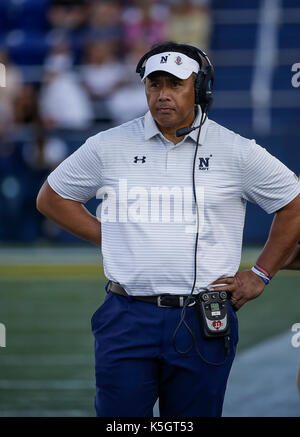 Annapolis, MD, USA. 9th Sep, 2017. United states Naval Academy Head Coach Ken Niumatalolo during NCAA football game between the United States Naval Academy Midshipmen and the Tulane Green Wave at Navy Marine Corp Memorial Stadium in Annapolis, MD. Justin Cooper/CSM/Alamy Live News Stock Photo