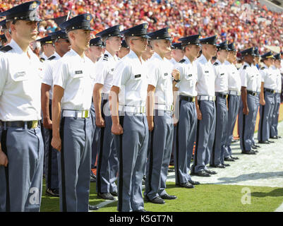 Blacksburg, VA, USA. 9th Sep, 2017. The Virginia Tech Corps of Cadets stand at attention ont he sidelines prior to the NCAA football game between the Virginia Tech Hokies and the Delaware Blue Hens at Lane Stadium/Worsham Field in Blacksburg, VA. Kyle Okita/CSM/Alamy Live News