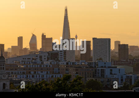 London skyline at sunset with Shard skyscraper in the background, London, England United Kingdom UK Stock Photo