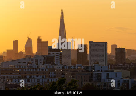 London skyline at sunset with Shard skyscraper in the background, London, England United Kingdom UK Stock Photo