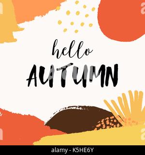 Abstract autumn design with colorful brush strokes in yellow, red, brown and orange on white background. Text "Hello Autumn". Modern and creative post Stock Vector
