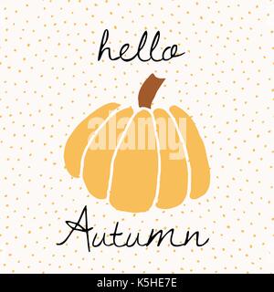 Greeting card with pumpkin and text "Hello Autumn" on dots pattern background. Cute and modern wall art, greeting card, brochure template design. Stock Vector