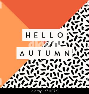 Abstract autumn design with text "Hello Autumn" on Memphis style geometric background. Poster, brochure or greeting card square template with sample t Stock Vector