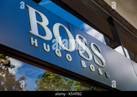 Detail of Hugo Boss store in Paris, France. It is a German luxury fashion house founded at 1924. Stock Photo