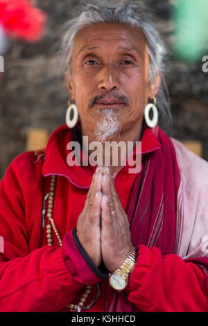 Hermit, holy man at the Burning Lake in the Tang Valley, Bumthang, Central Bhutan Stock Photo