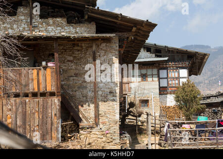 Houses in the village of Ura, Bumthang, Central Bhutan, of traditional Bhutanese construction. Stock Photo