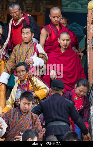 Punakha Drubchen (historical celebration) and Tsechu (religious celebration) at Punakha Dzong, Western Bhutan. Stock Photo