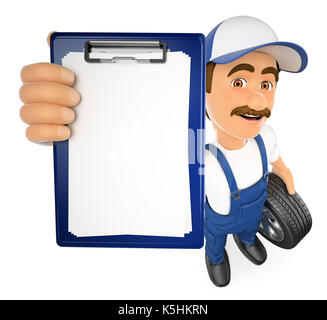 3d working people illustration. Mechanic with a blank clipboard. Isolated white background. Stock Photo