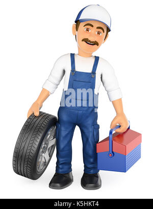 3d working people illustration. Mechanic with a tire and a toolbox. Isolated white background. Stock Photo