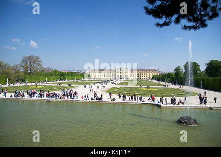 VIENNA, AUSTRIA - APR 30th, 2017: Schonbrunn Palace with Neptune Fountain in Vienna. It's a former imperial 1441-room Rococo summer residence of Sissi Empress Elisabeth of Austria in modern Wien Schoenbrunn Stock Photo