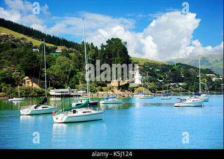 Coast and french village of Akaroa, New Zealand, South Island. Stock Photo