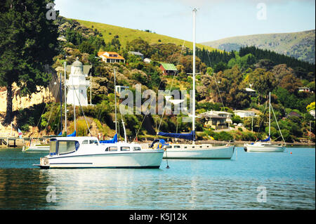 Coast and french village of Akaroa, New Zealand, South Island. Stock Photo