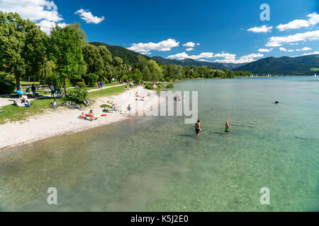 swimming beach at  lake  Tegernsee near Gmund, Upper Bavaria,  Bavaria, Germany Stock Photo