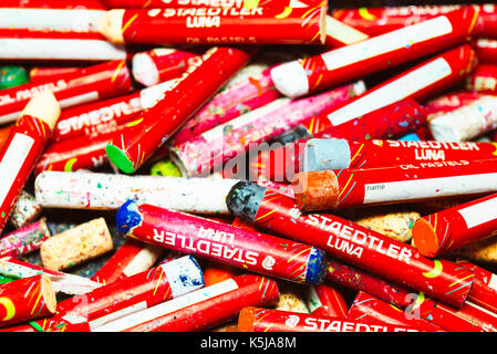 A bunch of used and worn Staedtler crayons. Gathered untidily in a pile. Stock Photo