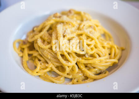 Spaghetti Carbonara served on white plate. Soft Focus. Stock Photo