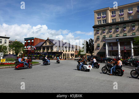 Bikers in Lincoln Square in front of Gettysburg Hotel during Bike Week, Gettysburg, Adams County, Pennsylvania, USA Stock Photo