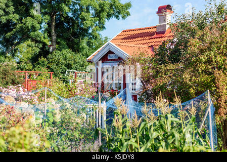 Karlskrona, Sweden - August 28, 2017: Travel documentary of city surroundings. An almost hidden allotment cabin in the surrounding garden. Shrubbery,  Stock Photo