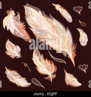 Sketch outline boho chic design elements with decorative ornaments in autumn orange and yellow colors Stock Vector