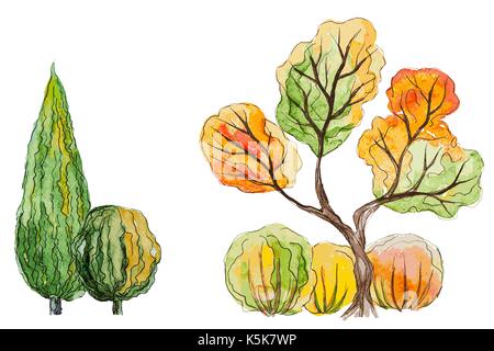 Vector hand drawn watercolor autumn background with orange,green trees,thuja and shrubs on the white horizontal background Stock Vector
