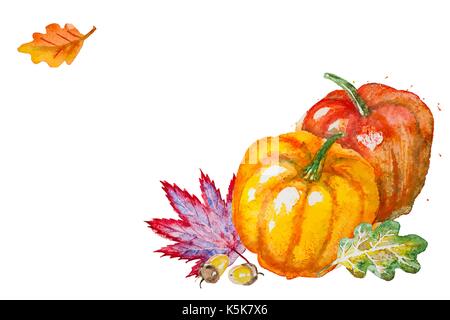 Vector hand drawn watercolor horizontal composition with autumn leaves,pumpkins and acorns, isolated on the white background Stock Vector