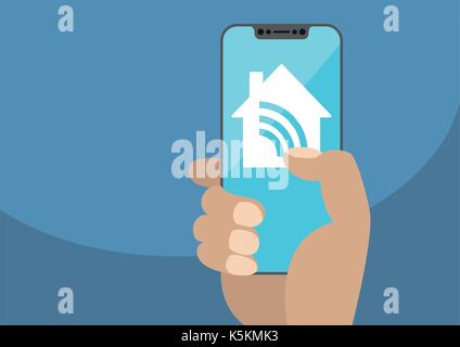 Smart home automation app with hand holding bezel-less smartphone. Vector illustration with wireless house icon on frameless touchscreen Stock Vector