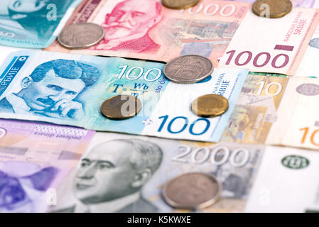 Different mixed Serbian dinars - banknotes and coins Stock Photo