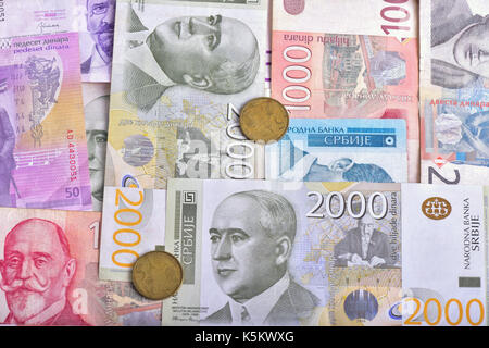 Background of Serbian banknotes and coins Stock Photo