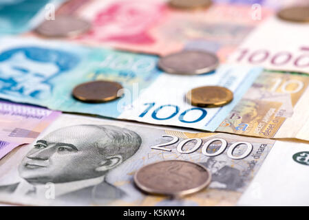 Closeup of different mixed Serbian dinars - banknotes and coins Stock Photo