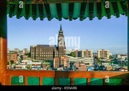 South Korea, Gyeonggi-do Province, Suwon, view of the Suwon Christian Church from the battlements of Hwaseong Fortress Stock Photo