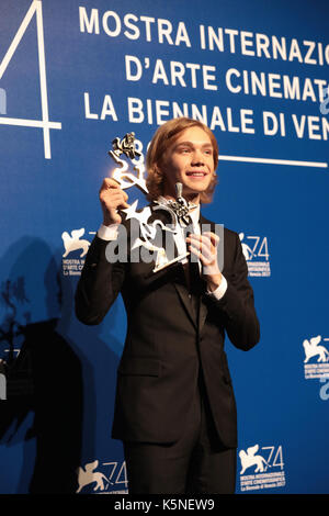 Venice, Italy. 09th Sep, 2017. Charlie Plummer poses with the 'Marcello Mastroianni' Award for Best New Young Actor or Actress for 'Lean On Pete' at the Award Winners photocall during the 74th Venice Film Festival at Sala Casino on September 9, 2017 in Venice, Italy. ( Credit: Annalisa Flori/Media Punch)/Alamy Live News Stock Photo