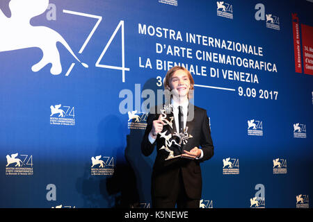 Venice, Italy. 09th Sep, 2017. Charlie Plummer poses with the 'Marcello Mastroianni' Award for Best New Young Actor or Actress for 'Lean On Pete' at the Award Winners photocall during the 74th Venice Film Festival at Sala Casino on September 9, 2017 in Venice, Italy. ( Credit: Annalisa Flori/Media Punch)/Alamy Live News Stock Photo