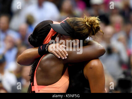 Flushing, New York City, USA. 9th September, 2017. Sloane Stephens is hugged by Madison Keys after Stephens wins the US Open. Stephens defeats Keys in straight sets 6-3, 6-0 during the Womens finals on Arthur Ashe Stadium at the US Open in the USTA Billie Jean King National Tennis Center on September 9, 2017 in Flushing Queens. Credit: mpi04/MediaPunch/Alamy Live News Stock Photo