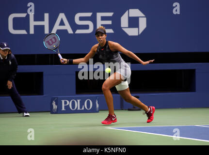 New York, United States. 09th Sep, 2017. US Open Tennis: New York, 9 September, 2017 - Madison Keys of the United States returns a forehand to fellow American Sloan Stephens during the US Open women's singles final in Flushing Meadows, New York. Stephens won the match in straight sets to capture her firt US Open title. Credit: Adam Stoltman/Alamy Live News Stock Photo