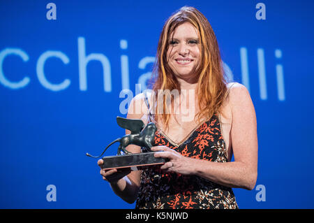 Venice, Italy. 09th Sep, 2017. Director Susanna Nicchiarelli wins Orizzonti prize for the Best Film with the movie'Nico,1988' at the 74th Venice International Film Festival on Septemer 09, 2017 in Venice, Italy Credit: Geisler-Fotopress/Alamy Live News Stock Photo