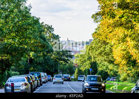 Northampton UK - Aug 15 2017: Cloudy Day Cityscape View of Northampton UK with road in foreground. Stock Photo