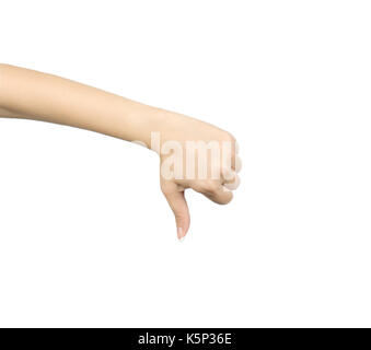 Asian woman hand with thumb down hand sign isolated on white background Stock Photo