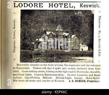 A 1916 advertisement for the Lodore Hotel, Keswick in the English Lake District, equipped with electric lighting and a garage -telephone number 2. Stock Photo