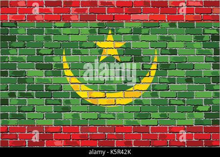 Flag of Mauritania on a brick wall - Illustration,  Mauritania flag on brick textured background,  Abstract grunge mosaic vector Stock Vector