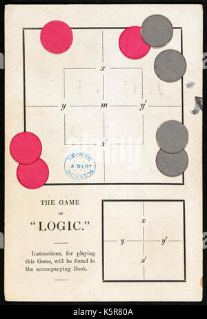 ‘The Game of Logic’ by Lewis Caroll, the pseudonym of Charles Lutwidge Dodgson (1832-1898) in 1887. Dodgson was a mathematician and this game challenged ‘players’ to denote various logical statements. Photograph of board and tokens. See more information below. Stock Photo